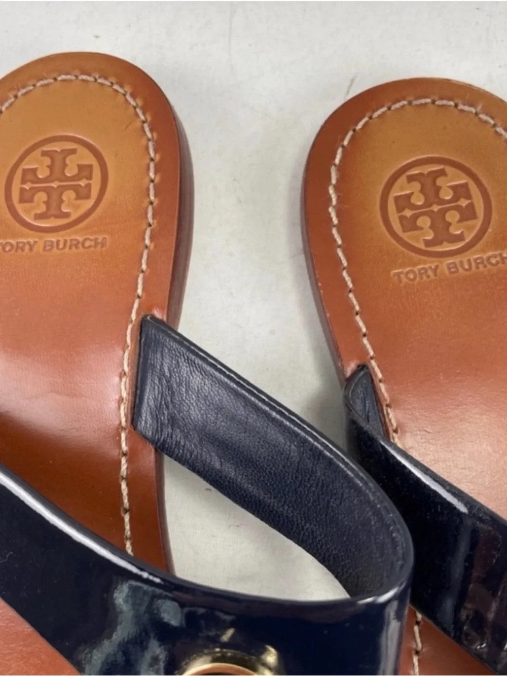 Tory Burch Black Patent Miller Thong Sandals with Gold Logo